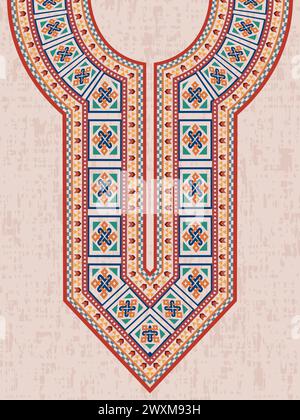 Dekoratives Design mit Nackenstickerei für den indischen Kurta mit keltischen Interlaced-Mustern und wiederholten geometrischen Formen in leuchtenden Farben. Stock Vektor