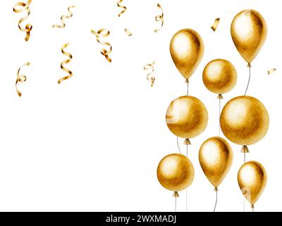 Goldener Rahmen mit Band und Streamer für Geburtstagsgeschenke, Folienballons. Handgezeichnetes Konfetti für Partydekoration isoliert auf Hintergrund Stockfoto