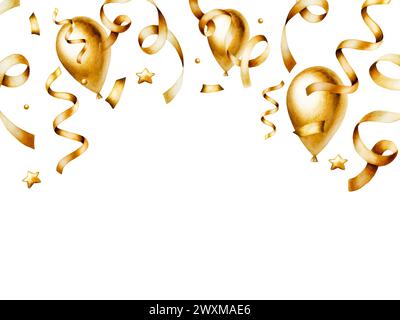 Goldener Rahmen mit Band und Streamer für Geburtstagsgeschenke, Folienballons. Handgezeichnetes Konfetti für Partydekoration isoliert auf Hintergrund Stockfoto