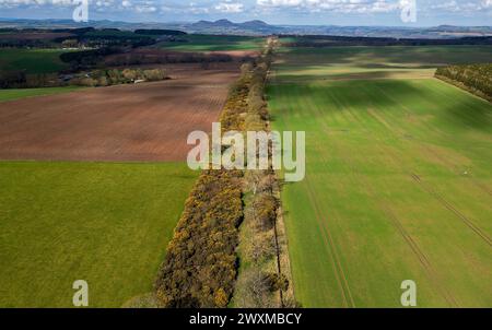 Aus der Vogelperspektive der Dere Street Römerstraße mit Blick nach Norden in Richtung der Eildon Hills (lateinisch: trium montium, drei Hügel) bei Melrose. Stockfoto