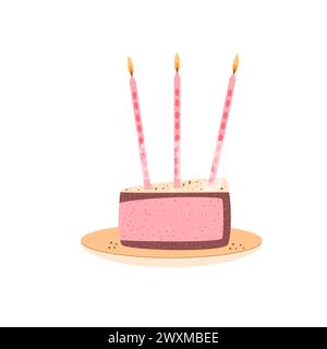 Geburtstagskuchenscheibe. Süßes Weihnachtsbäckerei Stück auf Teller. Gebäck Dessert mit Sahne und Kerzen zum Frühstück. Vektor Kirschkuchen handgezeichnet flache Illus Stock Vektor