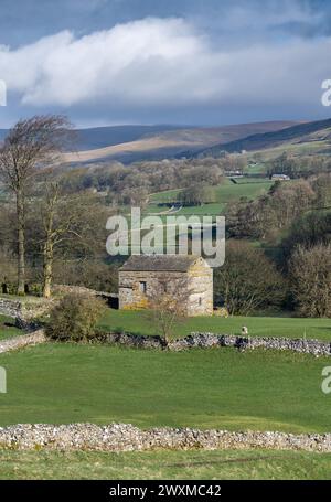 Am frühen Morgen im oberen Wensleydale, Blick auf den dale bei Burtersett in Richtung Abbotside und Cotterdale Fells im frühen Frühjahr. Yorkshire Dales Nation Stockfoto