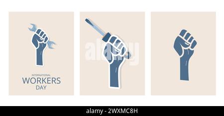 Vorlagen für Banner für den internationalen Arbeitstag. Arbeitskarten. Vektorposter flache Illustration. Stock Vektor