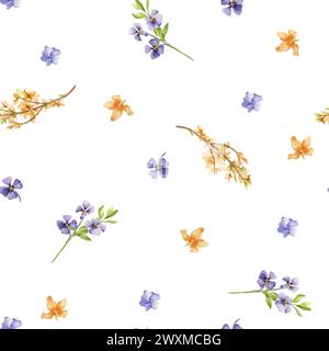 Nahtloses Blumenmuster mit handgezeichneten Aquarellblumen. Gelbe Blütenzweige isoliert auf weiß. Der erste Frühling blüht blau und gelb. Spr Stockfoto