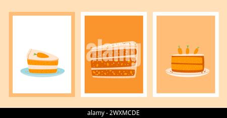 Ein Stück Karottenkuchen-Karten-Set. Gebäck Dessert mit Sahne zum Frühstück. Vektortorgrafik flach Stock Vektor