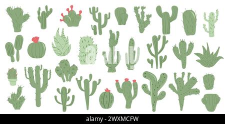 Kakteen setzen Isolierung auf weißem Hintergrund. Mexikanische Kakteen und Aloe. Exotische verschiedene Pflanzen Sammlung Vektor-Doodle flache Illustration Stock Vektor