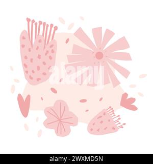 Handgezeichnete Blumen. Botanische verschiedene Naturfrühlinge. Moderne abstrakte Blumen-, geometrische und Blattformen. Vektor-Illustration für Sommerwohnung Stock Vektor