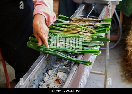 Nipa Palme Dessert oder Khanom Jaak Grillen auf Grill Stockfoto