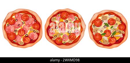 Pizza mit Blick von oben mit Salami, Oliven, Tomaten und Pilzen isoliert auf weißem Hintergrund. Eine ganze Pizzakallektion mit Käse, leckeres italienisches Essen. Vektorabbildung Stock Vektor