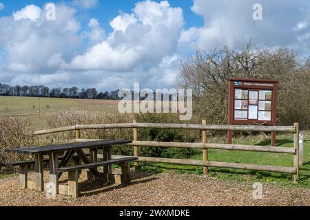 RSPB Winterbourne Downs Naturschutzgebiet in Spring, Wiltshire, England, Großbritannien. Blick auf die Informationstafel und den Lebensraum der Kreide-Ackerland Stockfoto