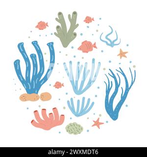 Korallenriff und Fischkreis Emblem isoliert auf weißem Hintergrund. Meeres-Unterwasser-Elemente runde Zusammensetzung. Illustration der Vektorabwicklung. Stock Vektor