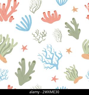 Nahtloses Korallenriff-Muster. Unterwasser-Elemente im Meer endloser Hintergrund. Illustration der Vektorabwicklung. Stock Vektor