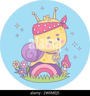 Lustiger Retro-Groovige Schnecken-Hippie-Charakter. Komische, süße Insektenkawaii mit Friedensschild auf Regenbogen. Coole Vektor-Illustration im trendigen 70er Jahre Stil Stock Vektor