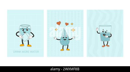 Trinken Sie mehr Wasser Banner Set. Poster mit Retro-Tropfen und Brillen. Gesunde Gewohnheit und Wellness Banner mit Gummischlauch Maskottchen. Vektor flach i Stock Vektor