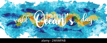 Welttag der Ozeane auf blauem gelbem Aquarellhintergrund mit Fischsilhouetten, horizontales Banner. Vektorabbildung Stock Vektor