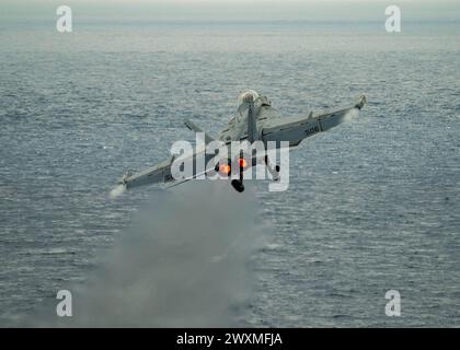 SÜDCHINESISCHE SEE (29. März 2024) ein EA-18G Growler, der den „Rooks“ der Electronic Attack Squadron (VAQ) 137 zugeordnet ist, startet vom Cockpit Stockfoto