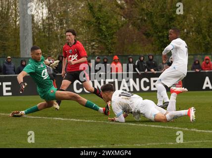 Rennes, Frankreich. 31. März 2024. Tor Keyliane Abdallahl von Olympique de Marseille beim Gambardella Cup, Viertelfinalspiel zwischen Stade Rennais und Olympique de Marseille am 31. März 2024 im Stadion La Piverdière Nord in Rennes, Frankreich - Foto Laurent Lairys/DPPI Credit: DPPI Media/Alamy Live News Stockfoto