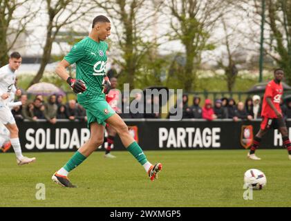 Rennes, Frankreich. 31. März 2024. Kilian Belazzoug von Stade Rennais während des Gambardella Cup, Viertelfinalspiel zwischen Stade Rennais und Olympique de Marseille am 31. März 2024 im Stadion La Piverdière Nord in Rennes, Frankreich - Foto Laurent Lairys/DPPI Credit: DPPI Media/Alamy Live News Stockfoto