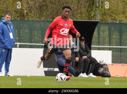 Rennes, Frankreich. 31. März 2024. Arsine DO MARCOUNO ROGOMBE von Stade Rennais während des Gambardella Cup, Viertelfinalspiels zwischen Stade Rennais und Olympique de Marseille am 31. März 2024 im Stadion La Piverdière Nord in Rennes, Frankreich - Foto Laurent Lairys/DPPI Credit: DPPI Media/Alamy Live News Stockfoto