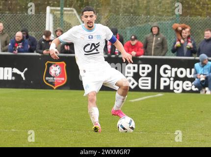 Rennes, Frankreich. 31. März 2024. Paolo Trigano von Olympique de Marseille während des Gambardella Cup, Viertelfinalspiel zwischen Stade Rennais und Olympique de Marseille am 31. März 2024 im Stadion La Piverdière Nord in Rennes, Frankreich - Foto Laurent Lairys/DPPI Credit: DPPI Media/Alamy Live News Stockfoto