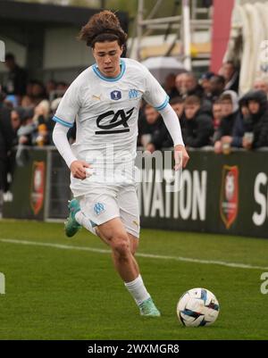 Rennes, Frankreich. 31. März 2024. Max Corbon von Olympique de Marseille beim Gambardella Cup, Viertelfinalspiel zwischen Stade Rennais und Olympique de Marseille am 31. März 2024 im Stadion La Piverdière Nord in Rennes, Frankreich - Foto Laurent Lairys/DPPI Credit: DPPI Media/Alamy Live News Stockfoto