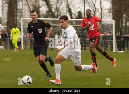 Rennes, Frankreich. 31. März 2024. Enzo sternal von Olympique de Marseille beim Gambardella Cup, Viertelfinalspiel zwischen Stade Rennais und Olympique de Marseille am 31. März 2024 im Stadion La Piverdière Nord in Rennes, Frankreich - Foto Laurent Lairys/DPPI Credit: DPPI Media/Alamy Live News Stockfoto