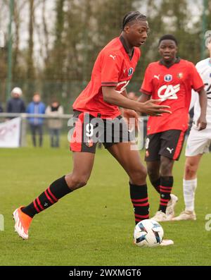 Rennes, Frankreich. 31. März 2024. Mohamed Meite von Stade Rennais während des Gambardella Cup, Viertelfinalspiel zwischen Stade Rennais und Olympique de Marseille am 31. März 2024 im Stadion La Piverdière Nord in Rennes, Frankreich - Foto Laurent Lairys/DPPI Credit: DPPI Media/Alamy Live News Stockfoto