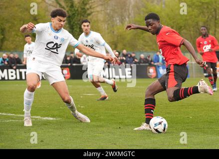 Rennes, Frankreich. 31. März 2024. Steve MVODO von Stade Rennais beim Gambardella Cup, Viertelfinalspiel zwischen Stade Rennais und Olympique de Marseille am 31. März 2024 im Stadion La Piverdière Nord in Rennes, Frankreich - Foto Laurent Lairys/DPPI Credit: DPPI Media/Alamy Live News Stockfoto