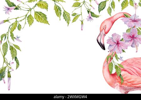 Flamingovogel und rosafarbene Hibiskusblüten mit eleganten botanischen Blättern und Knospen exotischen Grußkarten. Handgezeichnete Vorlage für den Kopierraum mit Aquarell Stockfoto