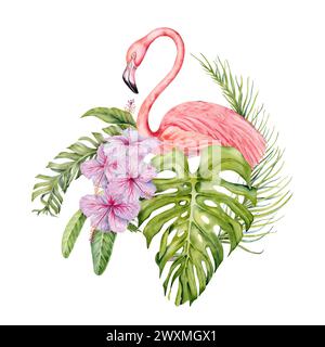 Flamingo mit exotischen tropischen grünen Blättern. Aquarell isoliert auf weißem Hintergrund. Natürliche botanische Illustration mit Monstera, Banane Stockfoto