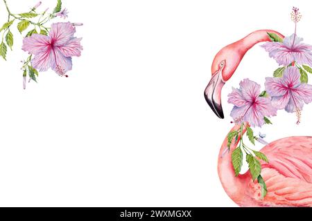 Flamingovogel und rosafarbene Hibiskusblüten mit eleganten botanischen Blättern und Knospen exotischen Grußkarten. Handgezeichnete Vorlage für den Kopierraum mit Aquarell Stockfoto