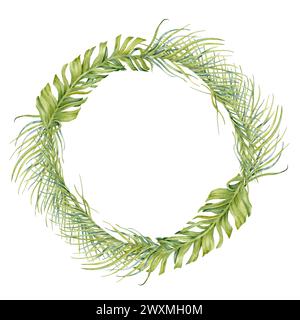 Kranz mit exotischer tropischer grüner Blattzusammensetzung. Handgezeichneter Kopierraum Aquarell isoliert auf weißem Hintergrund. Botanische Illustration mit Handfläche Stockfoto