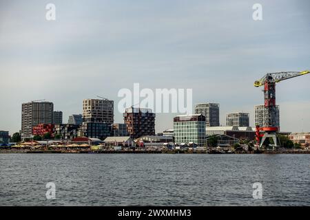Moderne Skyline am Wasser mit Hochhäusern und farbenfrohen Industriekranen, die unter einem bewölkten Himmel in Amsterdam Noord über das Wasser blicken Stockfoto