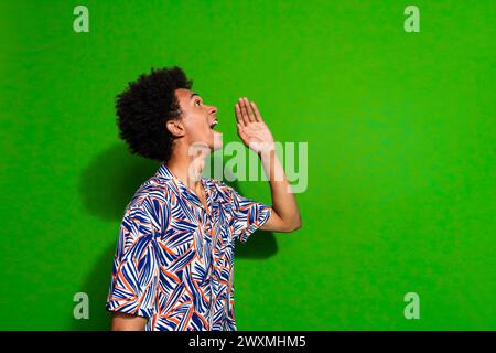 Seitenfoto des jungen lustigen Studenten Guy Hand Wange verkünden laute Stimme schreiend Ende Bachelor Graduierung isoliert auf grünem Hintergrund Stockfoto