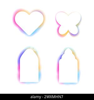 Y2K-Rahmen abstrakter Bogen, Spektrum Schmetterling Glow Aura Unschärfe Formen, Grenzen, Regenbogenspektrum Glanz Farbe isoliert auf weißem Hintergrund. . Vektorabbildung Stock Vektor