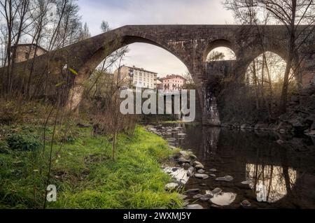 Die Alte Brücke von Sant Joan de les Abadesses, El Ripolles, Katalonien Stockfoto