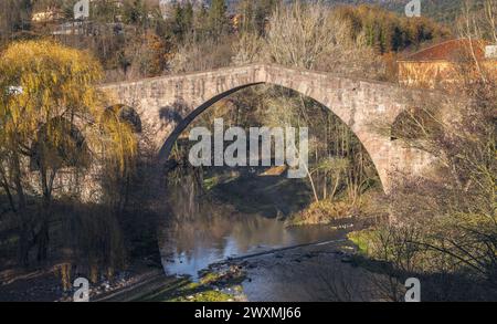 Die Alte Brücke von Sant Joan de les Abadesses, El Ripolles, Katalonien Stockfoto