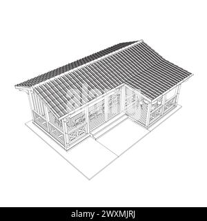 Umriss des Pavillons. Lineare Silhouette mit schwarzer Kontur. Isometrische Ansicht. Kontur eines Sommerhauses mit Bänken, Tisch und Dach. Vektorabbildung. 3D. Stock Vektor