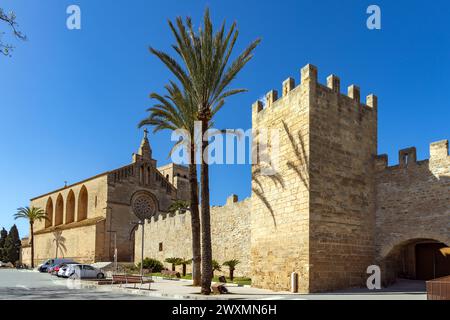 Die römisch-katholische Kirche Sant Jaume in der mittelalterlichen ummauerten Stadt Alcudia, Mallorca, Spanien, Balearen Stockfoto