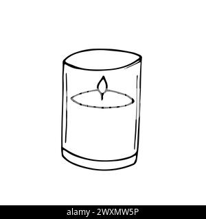 Handgezeichnete Wachskerze in einem Glaskerzenhalter. Vektor-Illustration des gemütlichen Heimelements. Skizzieren Sie im Doodle-Stil. Brennende Kerze in einem Glas. Stock Vektor
