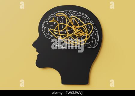 Orangefarbene Seile auf schwarzem Papier, die einen menschlichen Kopf mit einem weiß umrissenen Gehirn auf gelbem Hintergrund schneiden. Psychische Erkrankungen, Psychologie und ADHS Stockfoto