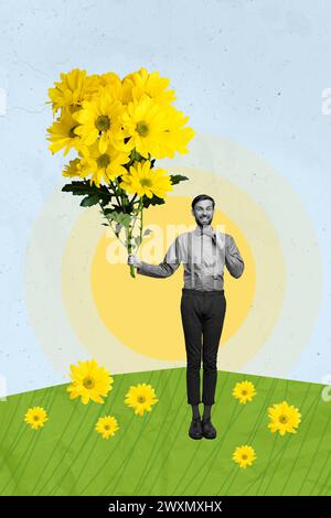 Kreative Kunstwerke Grafiken Collage Malerei von funky Boyfriends liefern Blumen Blumenstrauß isolierte Zeichnung Hintergrund Stockfoto