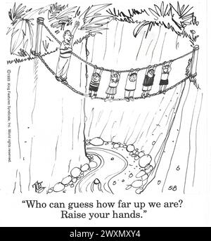 BW-Zeichentrick von Kindern auf einer Seilschaukel und einem Lehrer, der fragt, ob du weißt, wie hoch wir sind. Stockfoto