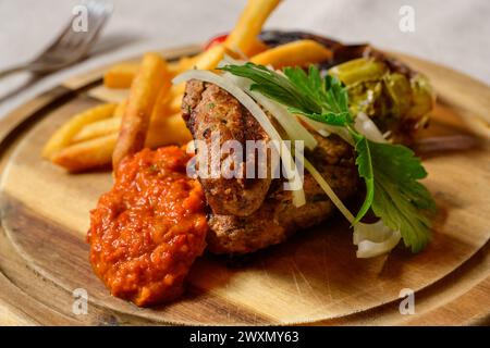 Cevapcici Fleischbällchen im Balkan-Stil mit Ajvar-Sauce, Zwiebeln, Petersilie, Pommes frites und gegrilltem Pfeffer Stockfoto