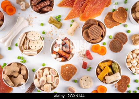 Gesunde Snacks, Hundetraining Leckereien. Auswahl an Snacks für Haustiere, Hundekekse Knochen mit Gemüse und Müsli, verschiedene getrocknete Fleisch- und Schlachtnebenerzeugnisse Stockfoto