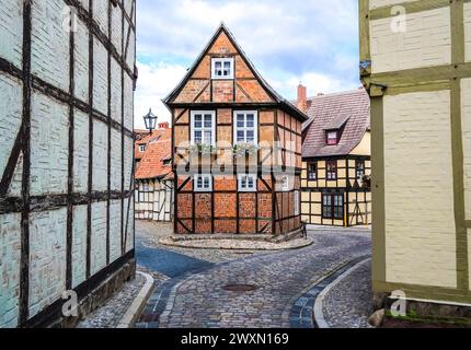 Fachwerkhäuser in Quedlingburg, Sachsen-Anhalt Stockfoto