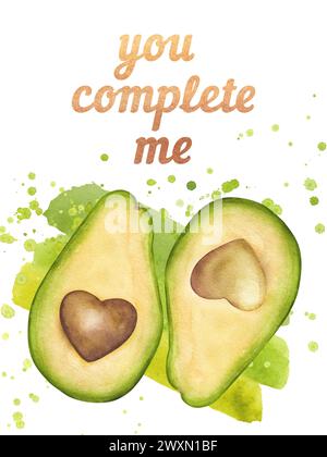 Avocado zwei Hälften, brauner Samen in Herzform, Blätter, Blumen. SMS, dass du mich vervollständigst. Vegane diätetische Lebensmittelmalerei. Handgezeichnete Aquarellillustraten Stockfoto