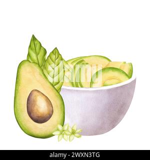 Avocadoscheiben in Schüssel. Grüne Frucht halb mit Samen. Salat, Guacamole. Exotisches Clipart mit Pflanzen. Vegane diätetische Lebensmittelmalerei. Handgezogenes Wasser Stockfoto