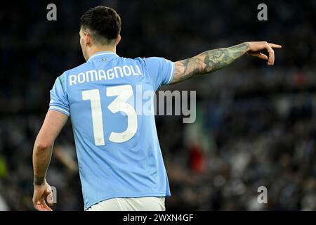 Alessio Romagnoli von der SS Lazio Gesten während des Fußballspiels der Serie A zwischen der SS Lazio und Juventus FC im Olimpico-Stadion in Rom (Italien) am 30. März 2024. Stockfoto