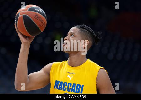 Belgrad, Serbien, 14. März 2023. Jasiel Rivero von Maccabi Playtika Tel Aviv reagiert auf das Spiel der Turkish Airlines EuroLeague 2023/2024, Runde 29 zwischen Crvena Zvezda Meridianbet Belgrad und Maccabi Playtika Tel Aviv in der Aleksandar Nikolic Hall in Belgrad. März 2023. Quelle: Nikola Krstic/Alamy Stockfoto